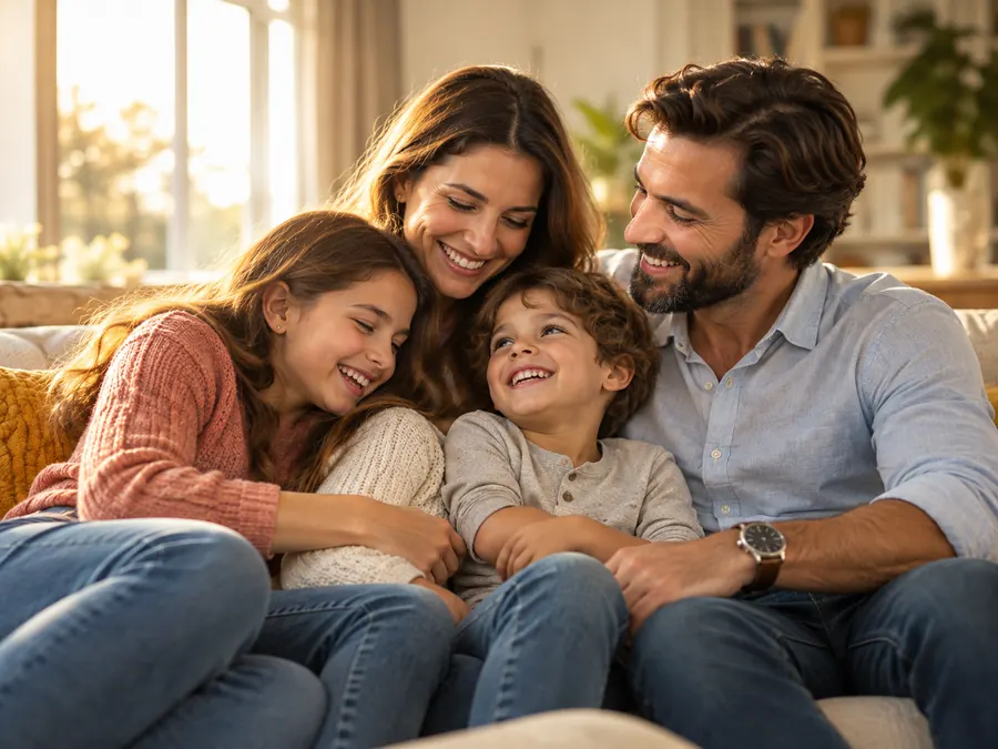 Una famiglia abbracciata sul divano di casa