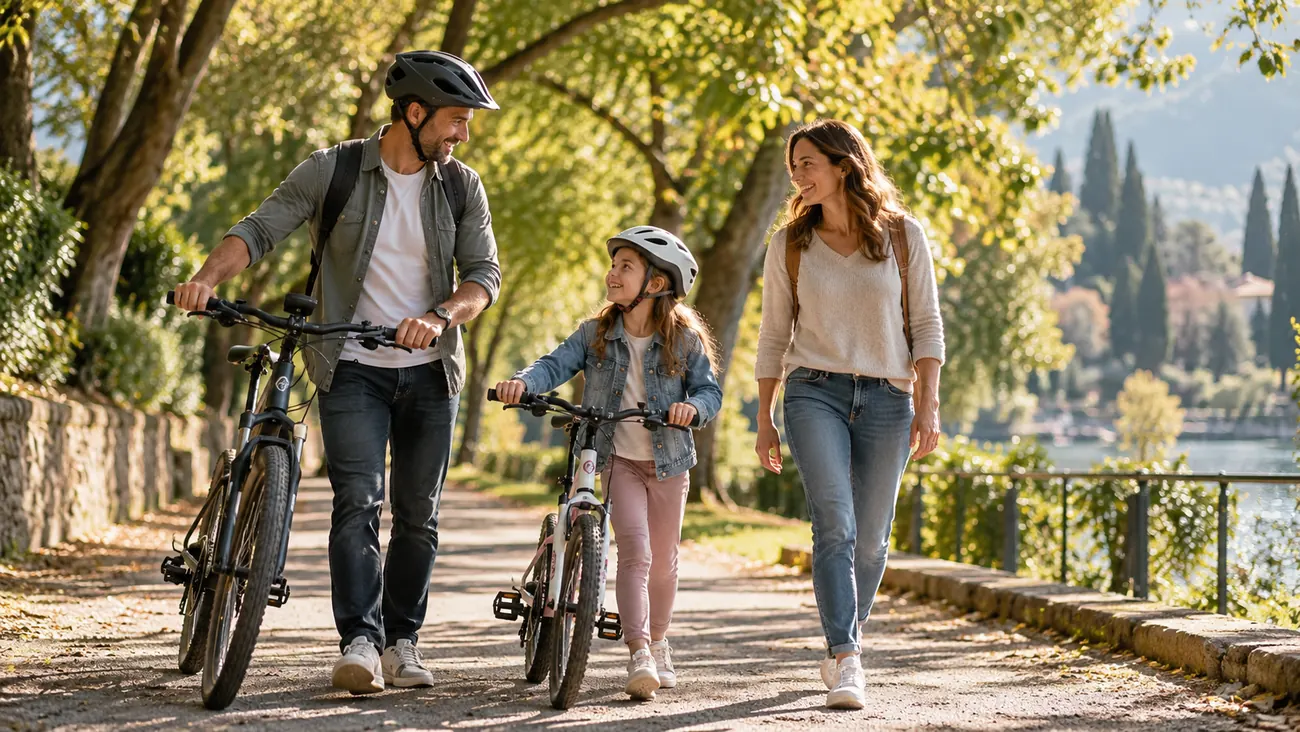 Una famiglia in bicicletta lungo un viale alberato