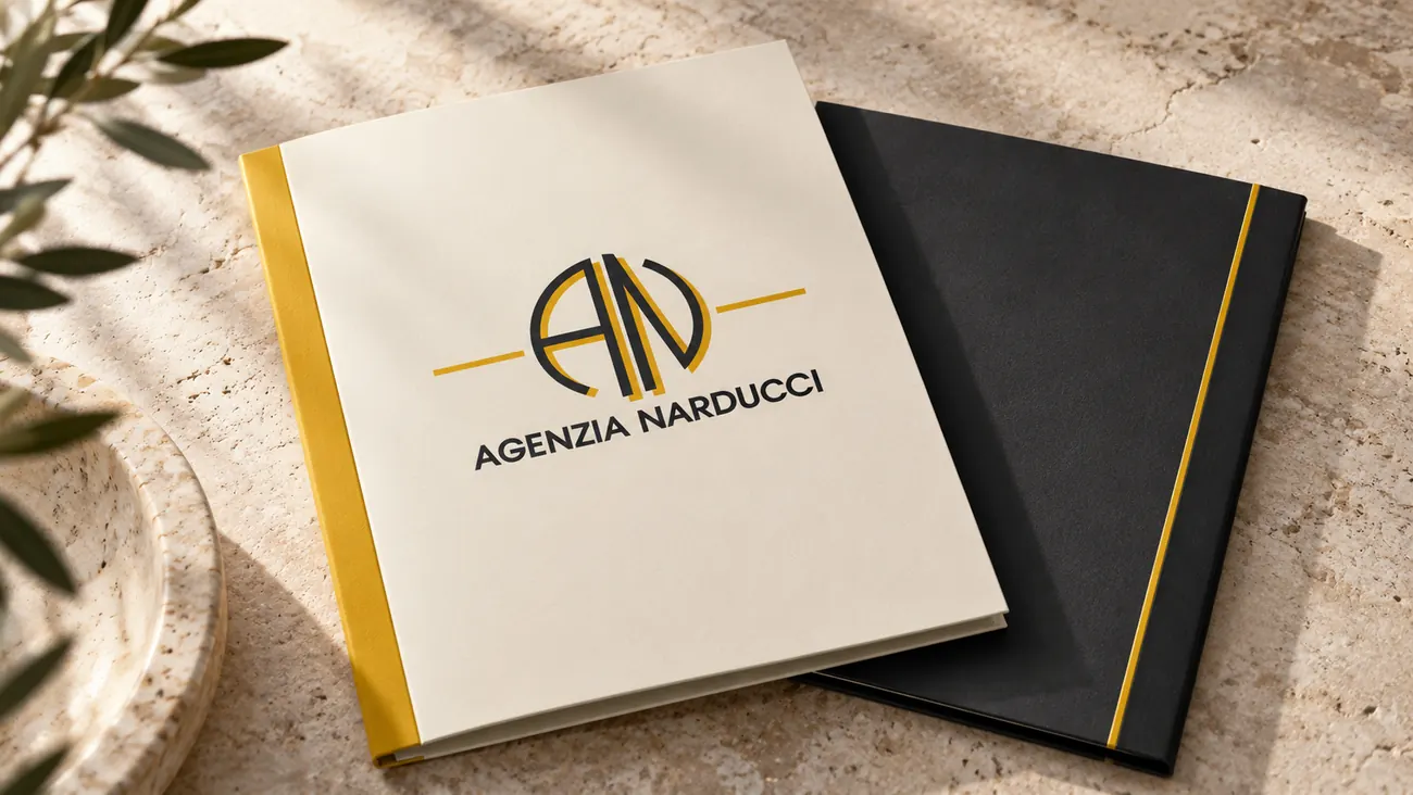 Due cartelline col logo dell'Agenzia Narducci su un tavolo di pietra
