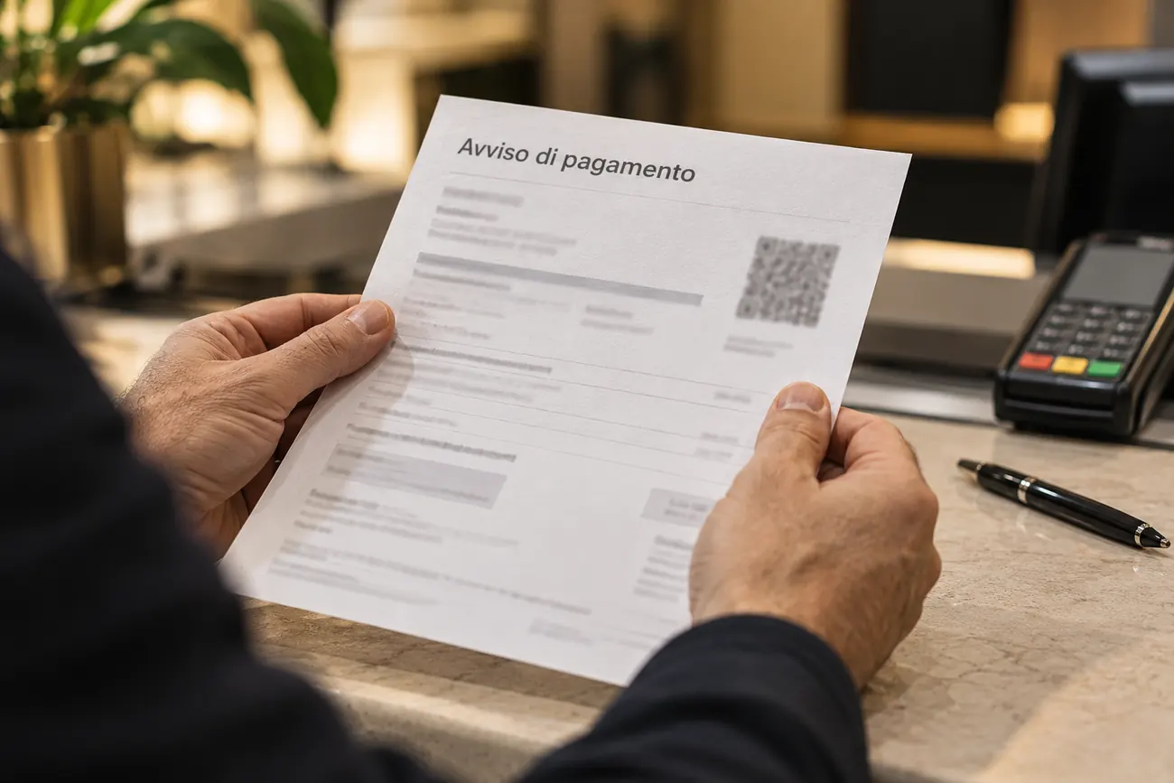 Una mano tiene un avviso di pagamento davanti a un POS