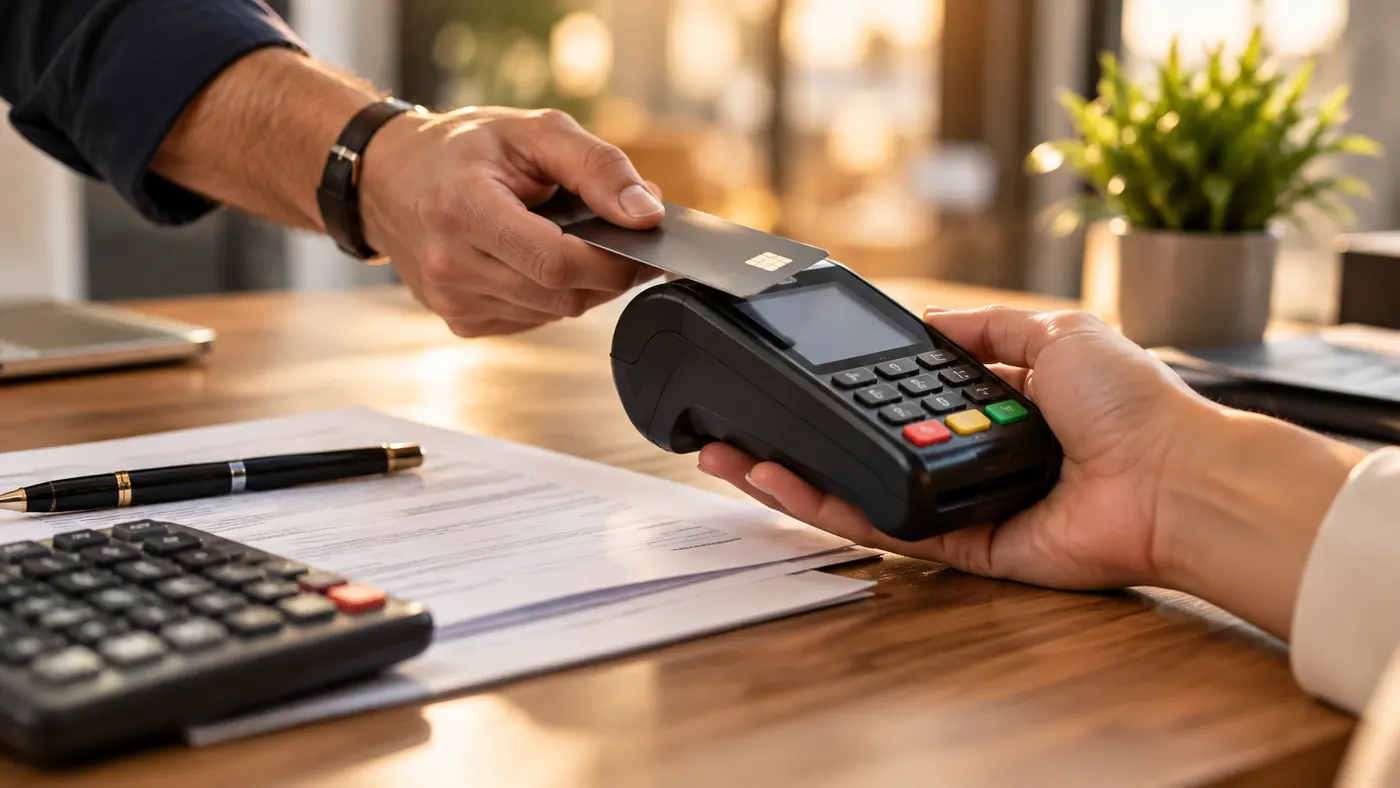 Un pagamento con la carta al POS, accanto a un bollettino e a una calcolatrice