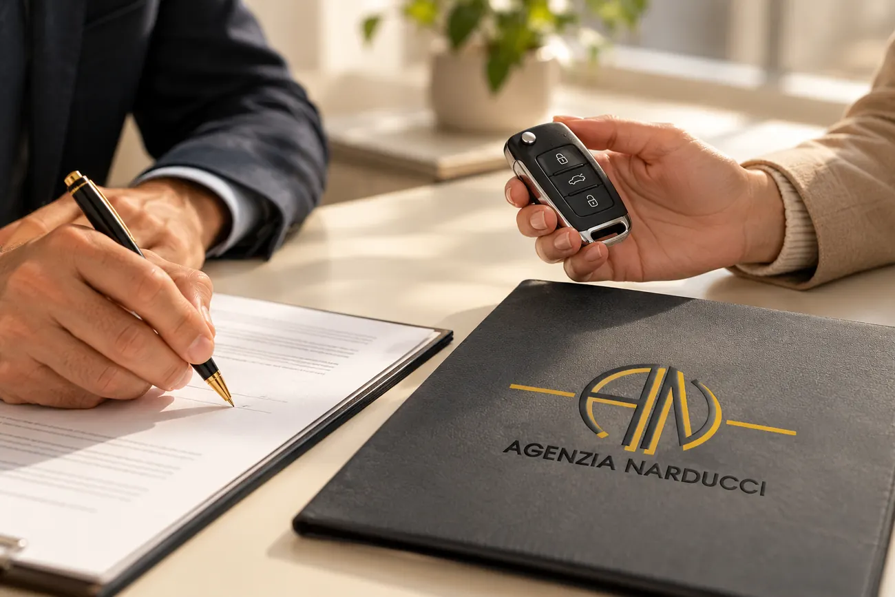 Una firma su un documento, accanto alle chiavi di un'auto e a una cartella col logo dell'agenzia